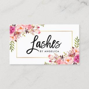 Modern Brush Script Pink Floral Lashes Business Card
