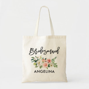 Modern Brush Script Pink White Floral Bridesmaid Tote Bag