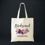 Modern Brush Script Purple Floral Bridesmaid Tote Bag<br><div class="desc">Modern Trendy Brush Script Watercolor Purple Ultra Violet Floral Bridesmaid Tote Bag</div>