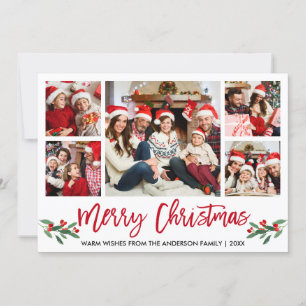 Modern Brush Script Red 5 Photo Family Christmas Holiday Card
