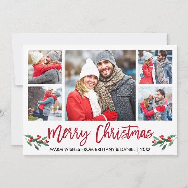 Modern Brush Script Red 5 Photo Merry Christmas Holiday Card (Front)