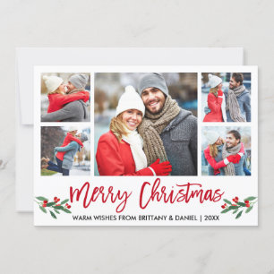 Modern Brush Script Red 5 Photo Merry Christmas Holiday Card