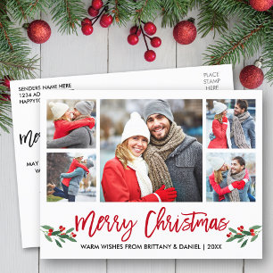 Modern Brush Script Red 5 Photo Merry Christmas Postcard