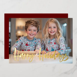 Modern Brush Script Red Custom Photo Christmas Foil Holiday Card