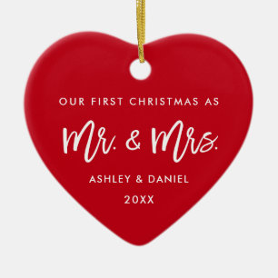 Modern Brush Script  Red First Christmas Mr. Mrs. Ceramic Tree Decoration