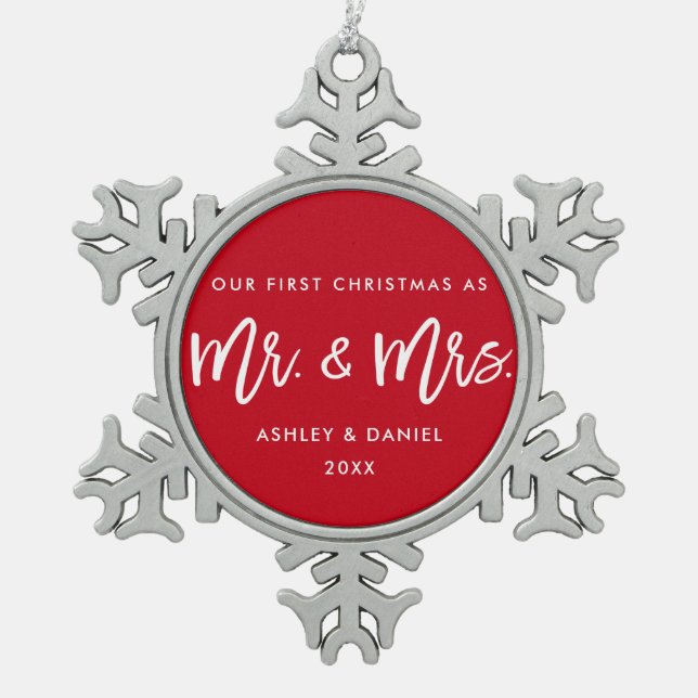 Modern Brush Script Red First Christmas Mr. Mrs. Snowflake Pewter Christmas Ornament (Front)