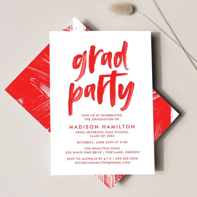 Modern Brush Script Red Graduation Party Invitation (Creator Uploaded)
