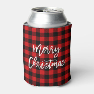 Modern Brush Script Red Plaid Christmas Can Cooler