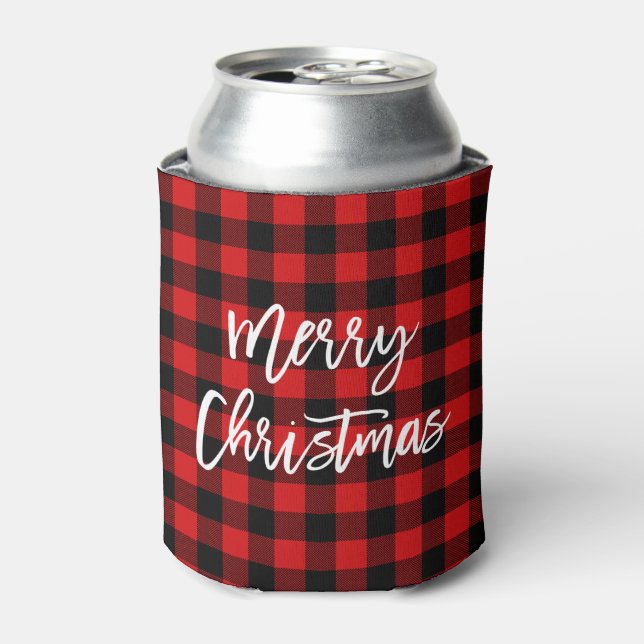 Modern Brush Script Red Plaid Christmas Can Cooler (Can Front)