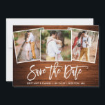 Modern Brush Script Rustic Wood 3 Photo Collage Save The Date<br><div class="desc">Modern Brush Script Rustic Wood Couple 3 Photo Save The Date Engagement Announcement Card</div>