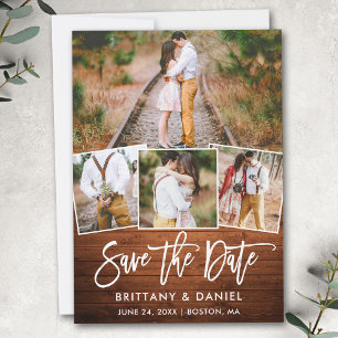 Modern Brush Script Rustic Wood 4 Photo Couple Save The Date