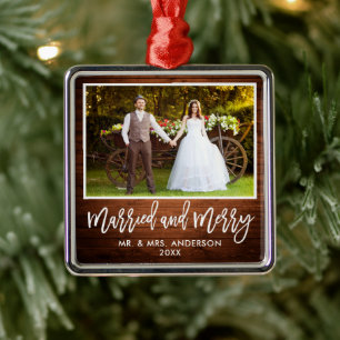 Modern Brush Script Rustic Wood Married and Merry Metal Tree Decoration