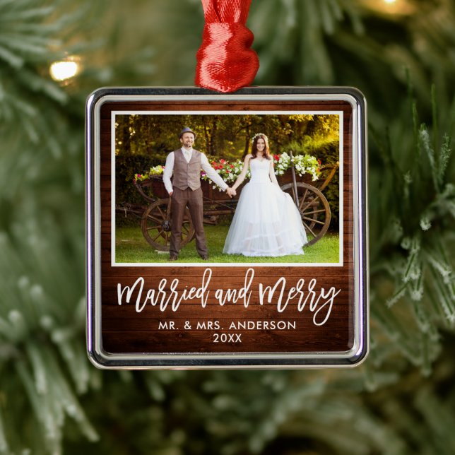 Modern Brush Script Rustic Wood Married and Merry Metal Tree Decoration (Tree)