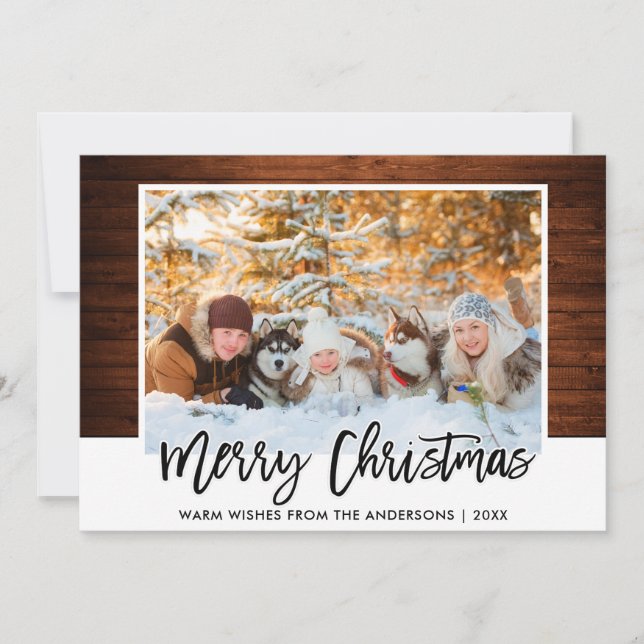 Modern Brush Script Rustic Wood Photo Christmas Holiday Card (Front)