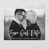Modern Brush Script Save Our Date Black and White