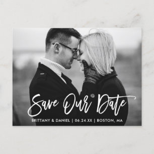 Modern Brush Script Save Our Date Black and White Postcard
