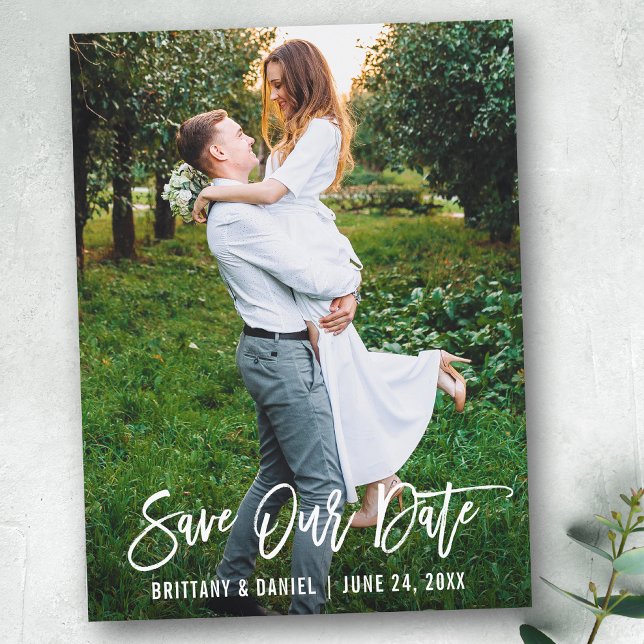 Modern Brush Script Save Our Date Couple Photo Postcard (Customize to change your personalized text size or text style.)