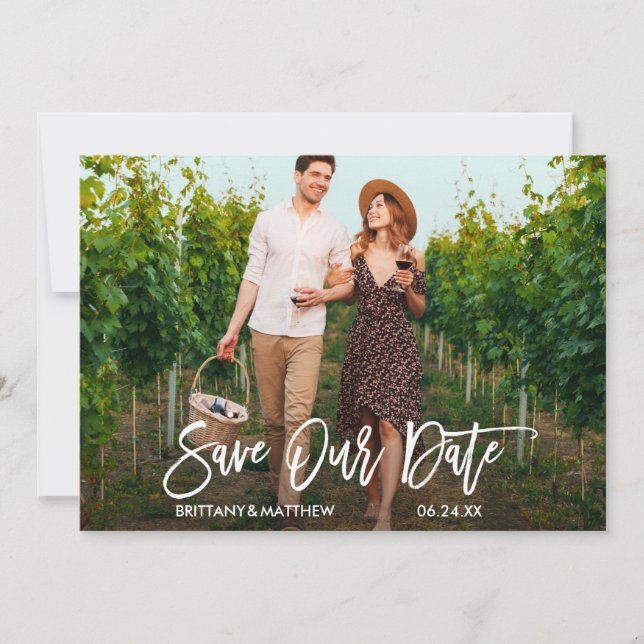 Modern Brush Script Save Our Date Engagement Card (Front)