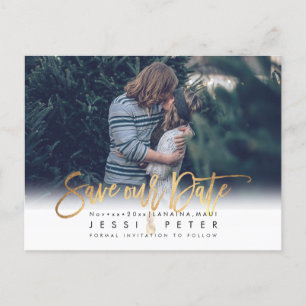 Modern Brush Script Save our Date, Gold Pineapple Announcement Postcard