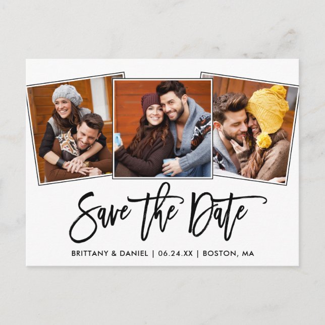 Modern Brush Script Save The Date 3 Photo Collage Postcard (Front)