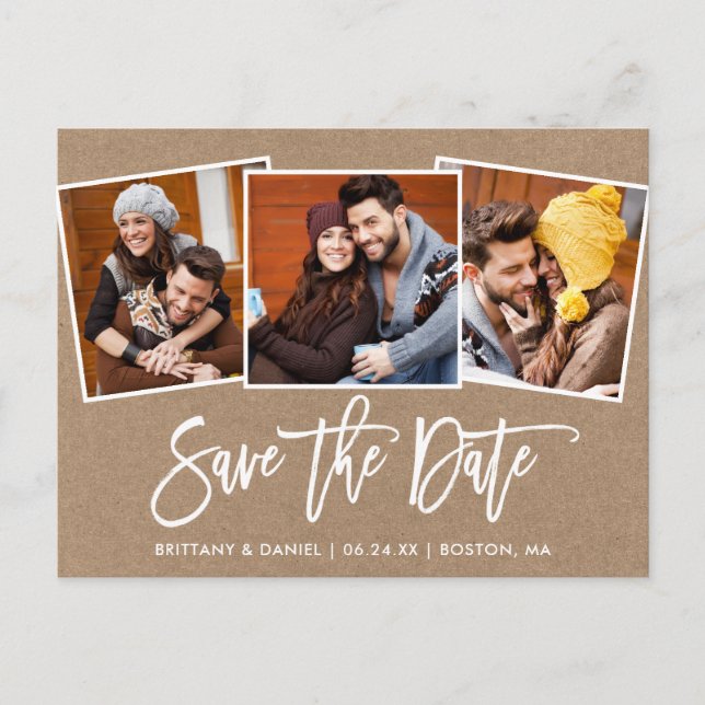 Modern Brush Script Save The Date 3 Photo Kraft Postcard (Front)