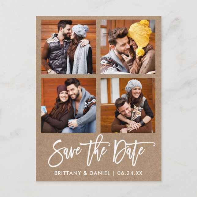 Modern Brush Script Save The Date 4 Photo Kraft Postcard (Front)