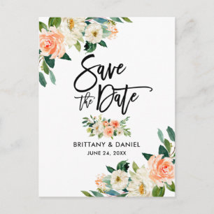 Modern Brush Script Save the Date Coral Floral Announcement Postcard