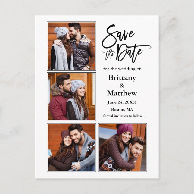 Modern Brush Script Save The Date Couple 4 Photo Postcard (Front)