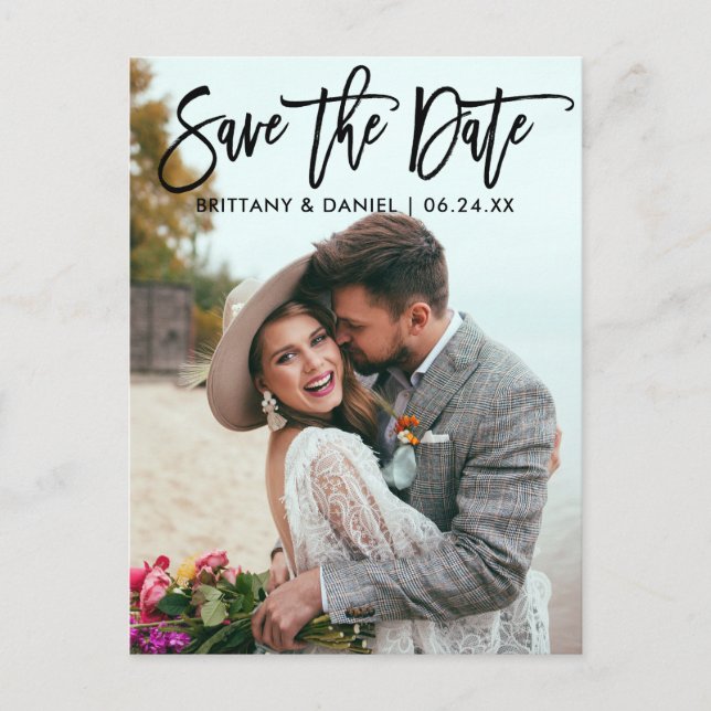Modern Brush Script  Save The Date Couple Photo B Postcard (Front)