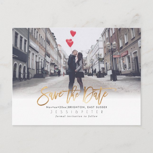 Modern Brush Script Save the Date, Faux Gold Announcement Postcard (Front)