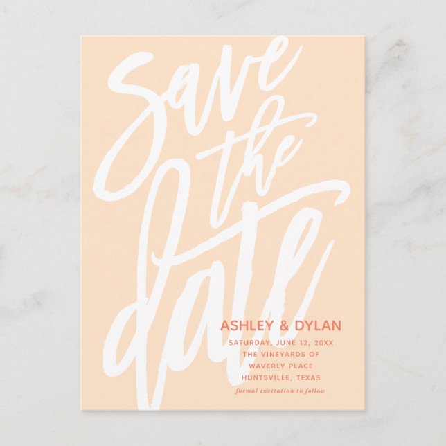 Modern Brush Script Save the Date Peach Announcement Postcard (Front)