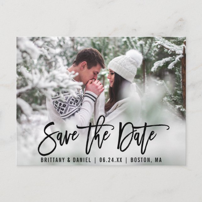 Modern Brush Script Save The Date Photo B Postcard (Front)