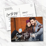 Modern Brush Script Save The Date Photo Postcard<br><div class="desc">Modern Brush Script Save The Date Engagement Couple Photo Postcard</div>