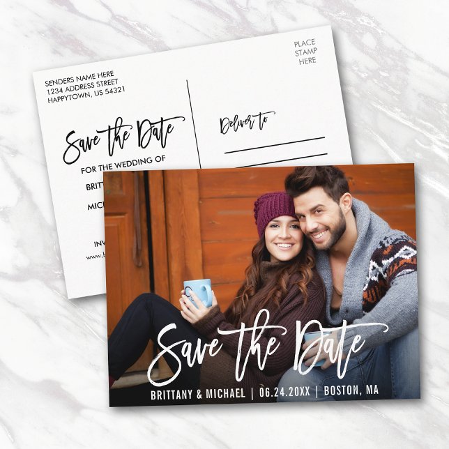 Modern Brush Script Save The Date Photo Postcard (Customize to change your personalized text size or text style.)