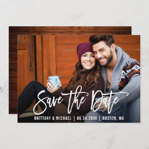 Modern Brush Script Save The Date Photo Wood Card