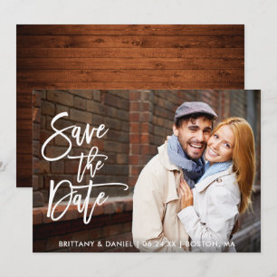Modern Brush Script Save The Date Wood  Photo Card