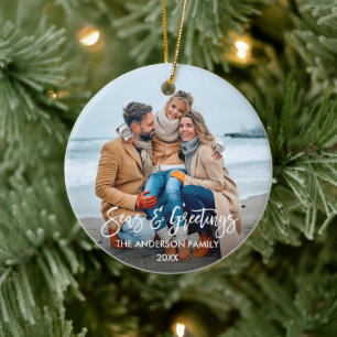 Modern Brush Script Seas and Greetings Photo Ceramic Tree Decoration