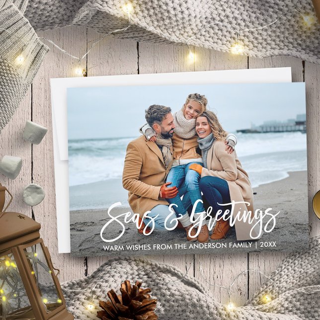 Modern Brush Script Seas and Greetings Photo Holiday Card (Customize to add text to back of card.)
