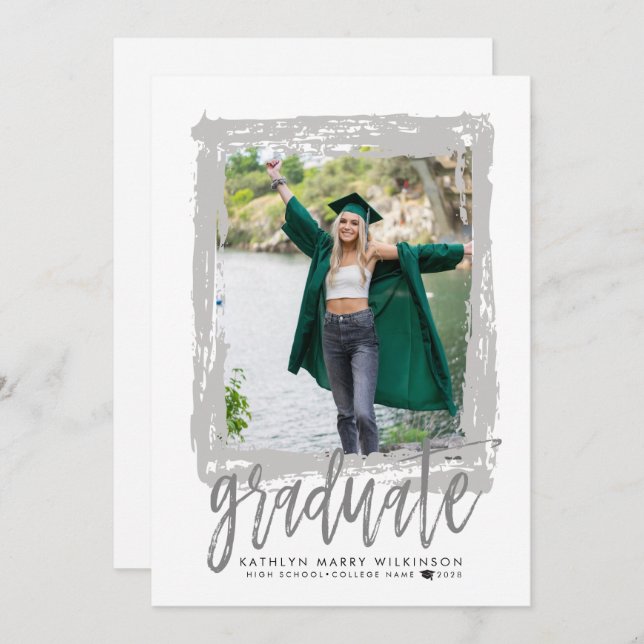 Modern Brush Script Silver Photo Graduation Party Announcement (Front/Back)