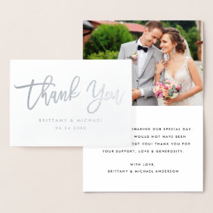 Modern Brush Script Silver Thank You Wedding Photo Foil Card