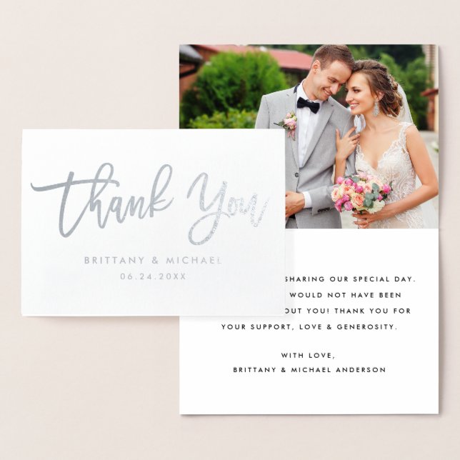 Modern Brush Script Silver Thank You Wedding Photo Foil Card (Display)