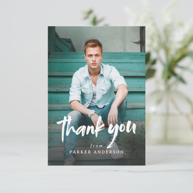 Modern Brush Script Simple Photo Graduation  Thank You Card (Standing Front)