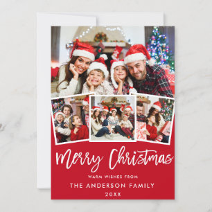 Modern Brush Script Star 4 Photo Christmas Red Holiday Card