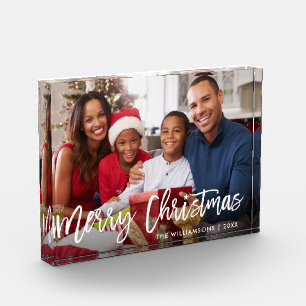 Modern Brush Script Star Merry Christmas Family Photo Block