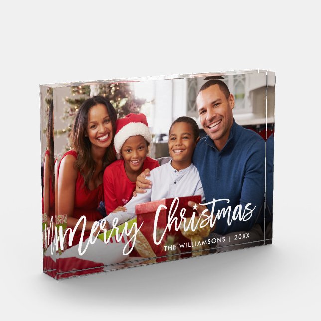 Modern Brush Script Star Merry Christmas Family Photo Block (Left)