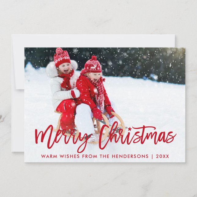 Modern Brush Script Star Photo Christmas Red Holiday Card (Front)