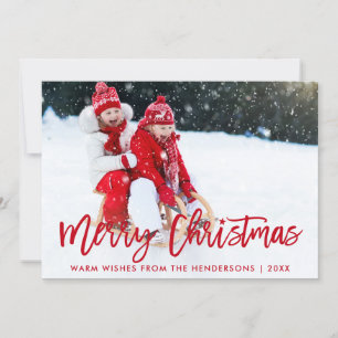 Modern Brush Script Star Photo Christmas Red Holiday Card