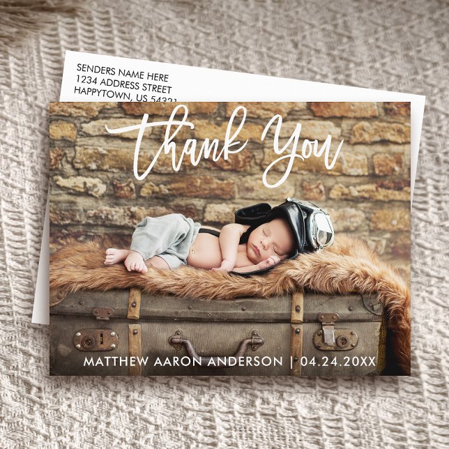 Modern Brush Script Thank You New Baby Postcard W (Customize to change your personalized text size or text style.)