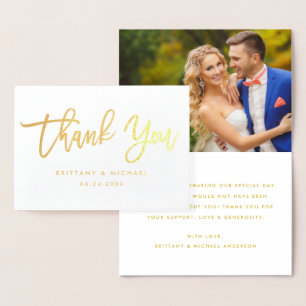 Modern Brush Script Thank You Wedding Photo Gold Foil Card