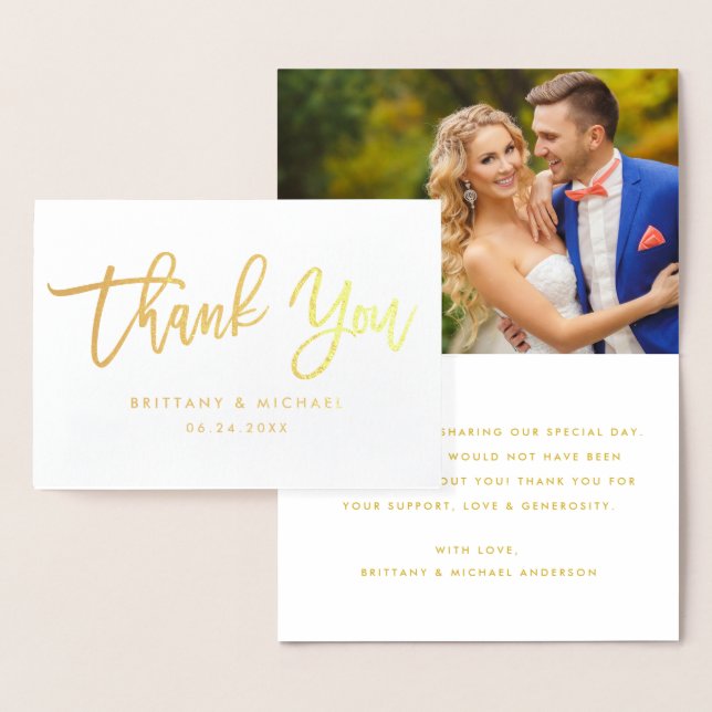 Modern Brush Script Thank You Wedding Photo Gold Foil Card (Display)